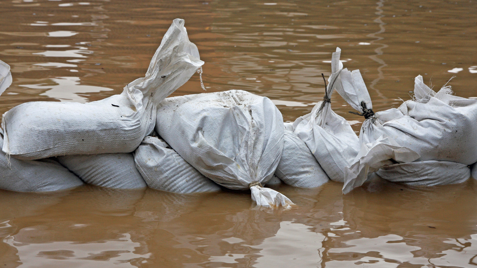 Waste bags stacked in dirty stormwater.