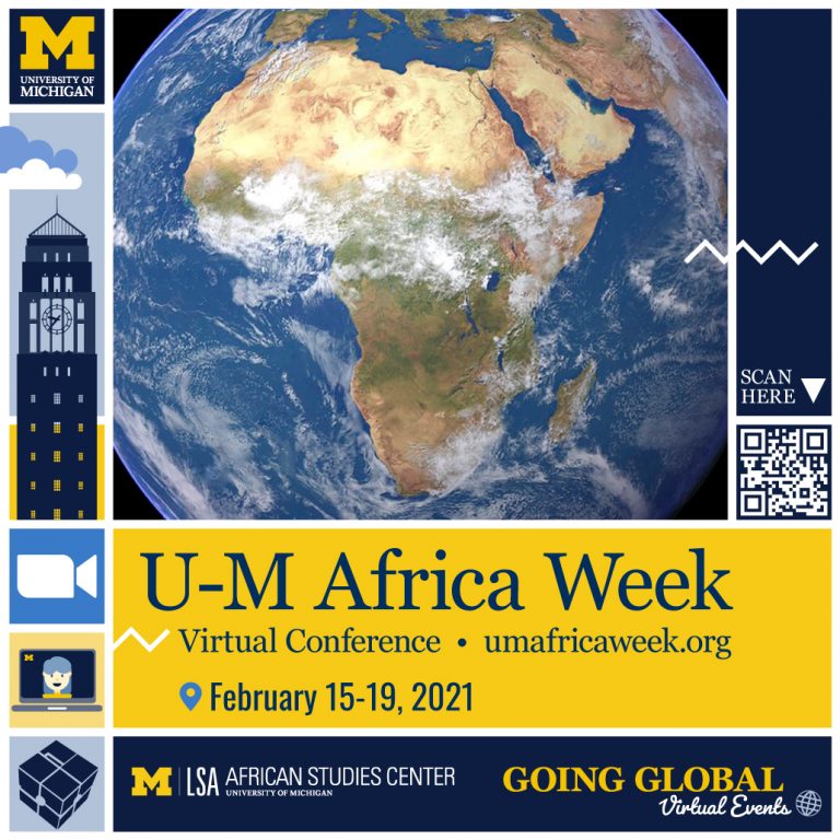 Africa Week logo depicting the globe showing the continent of Africa with the information for U‑M Africa Week.