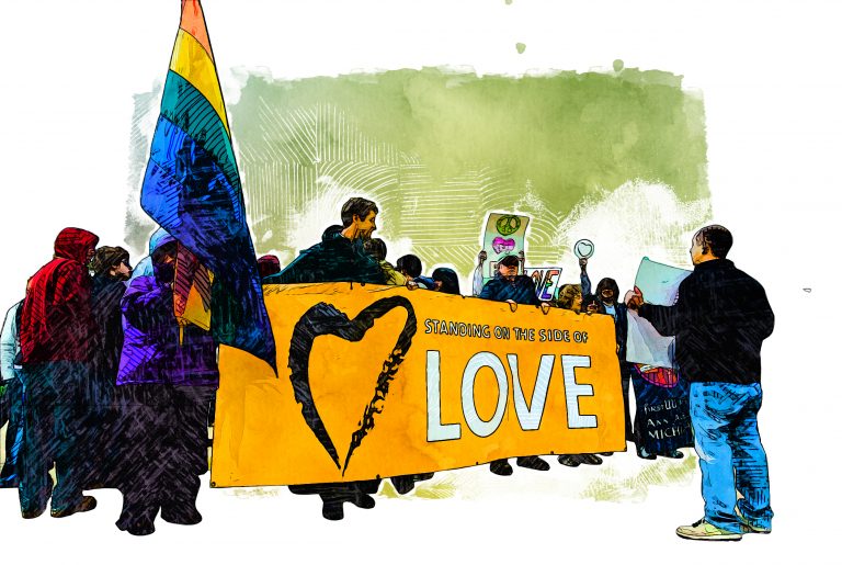 Andrew Shirvell holding a sign facing a group of LGBTQ+ protesters.