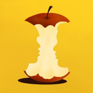 Illustration of an apple core that also has an illusion of two faces. 