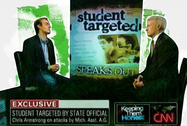 Illustration of Armstrong talking with Anderson Cooper on CNN.
