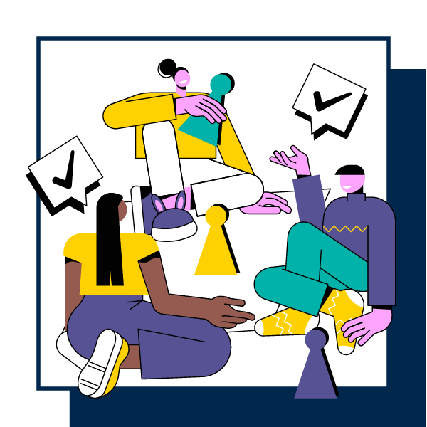 An illustration of three people sitting and having a conversation.