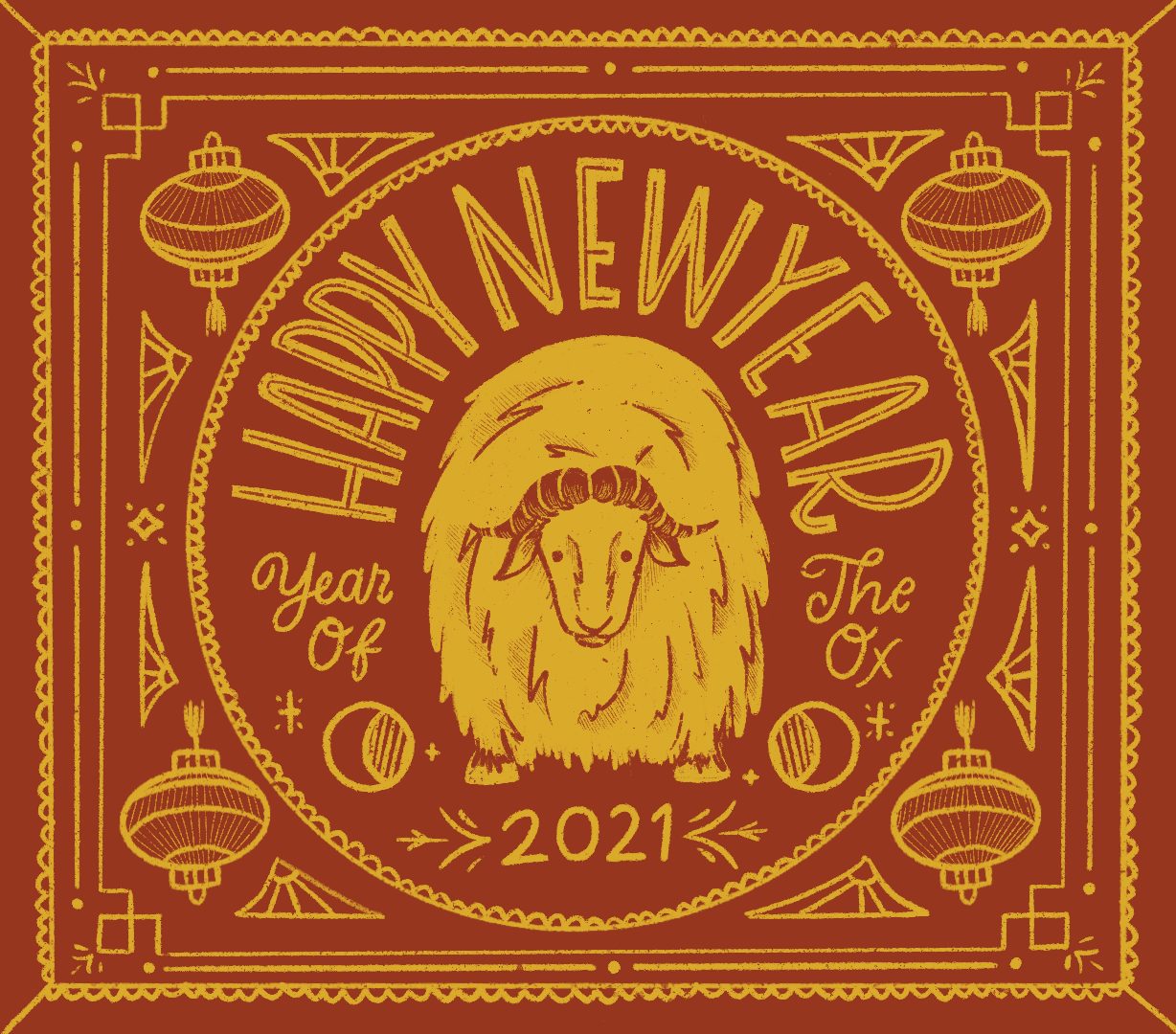 A drawing of an ox surrounded by Chinese lanterns and the words "Happy New Year" and "Year Of The Ox 2021".
