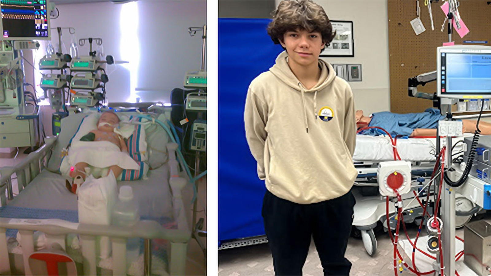 Baby Elliott lies in a hospital crib connected to medical monitoring equipment. Elliott stands in a medical simulation lab next to an ECMO life-support machine. 