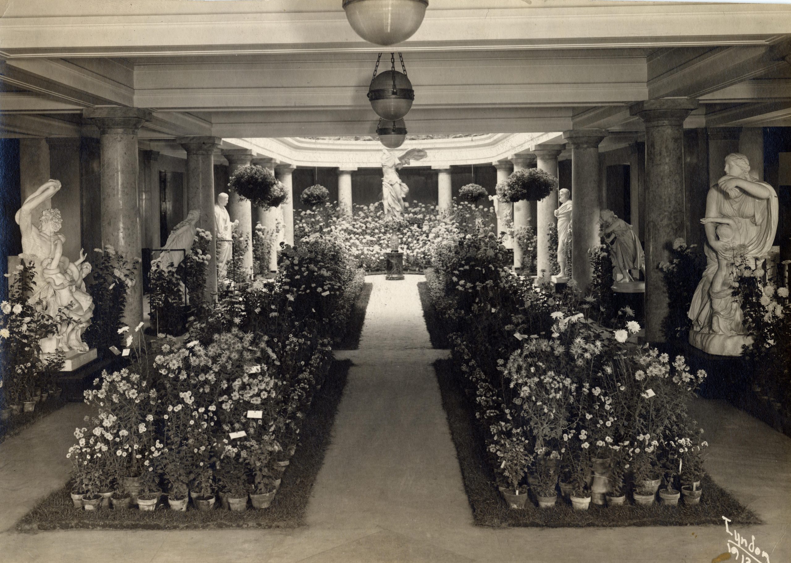 Black and white photo of flowerbeds.
