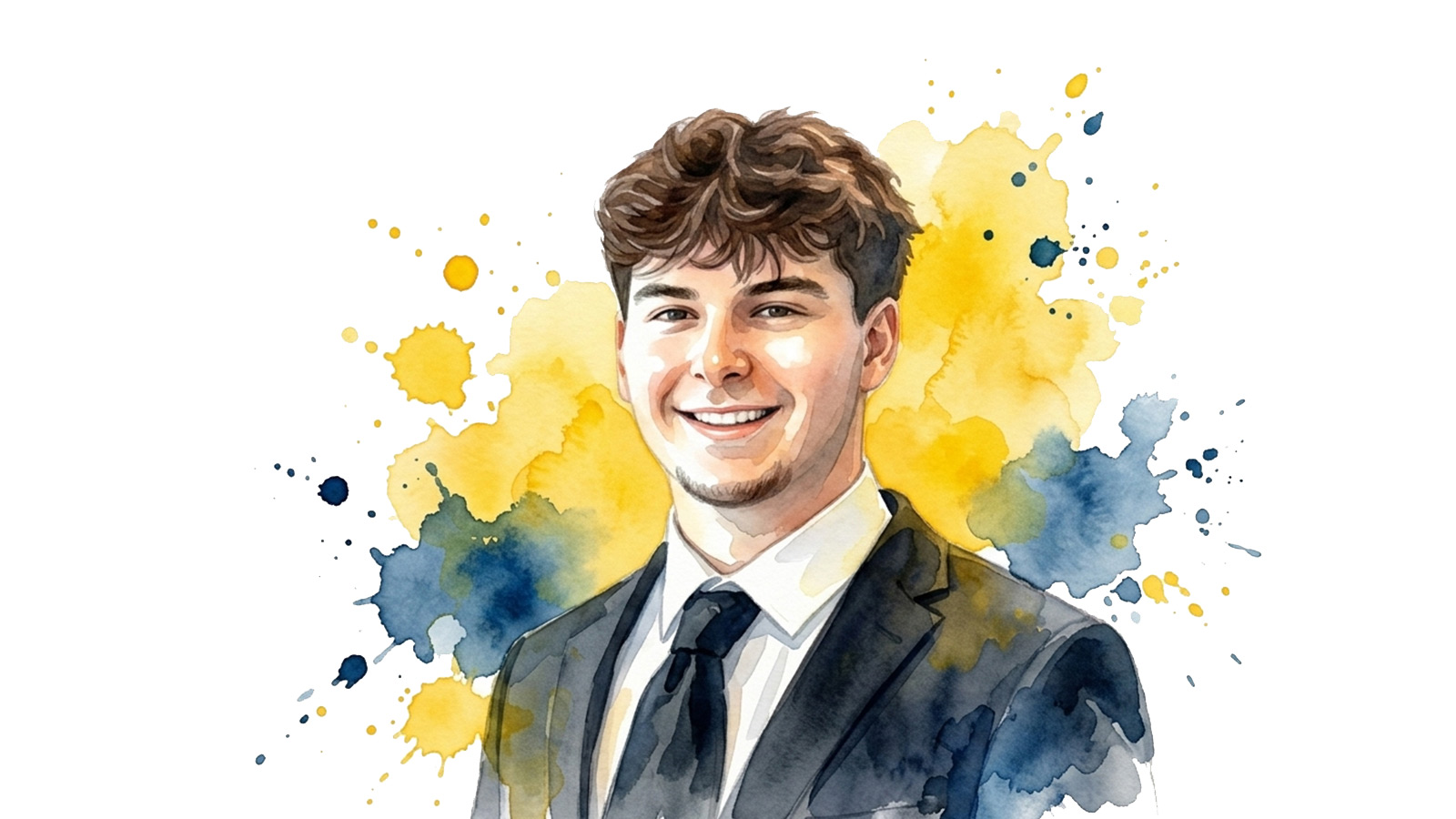 Jason Gruber wears a dark suit and tie in front of blue and yellow watercolor splashes. 