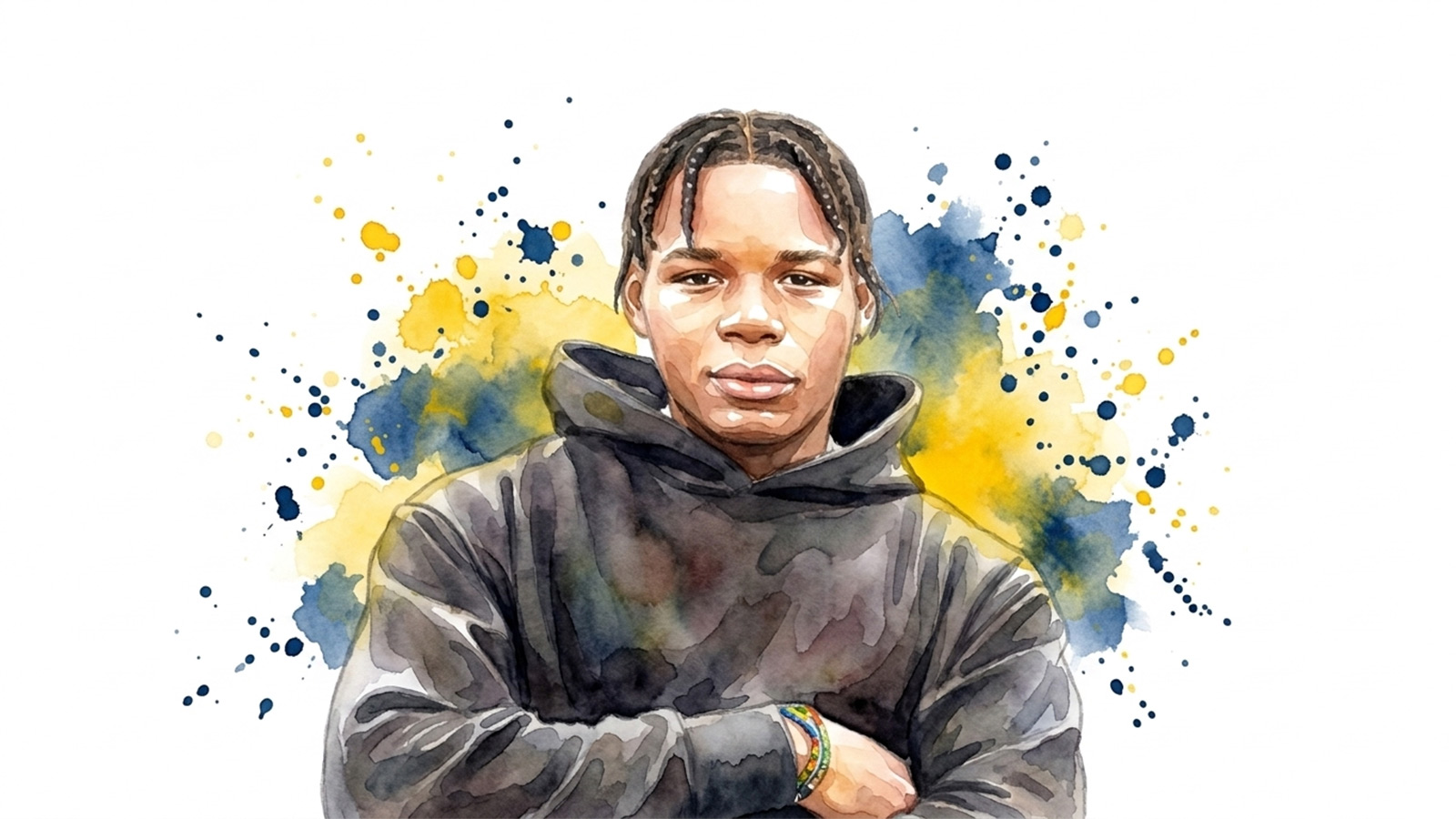 Brandon Guevara wears a dark hoodie with arms crossed in front of blue and yellow watercolor splashes.