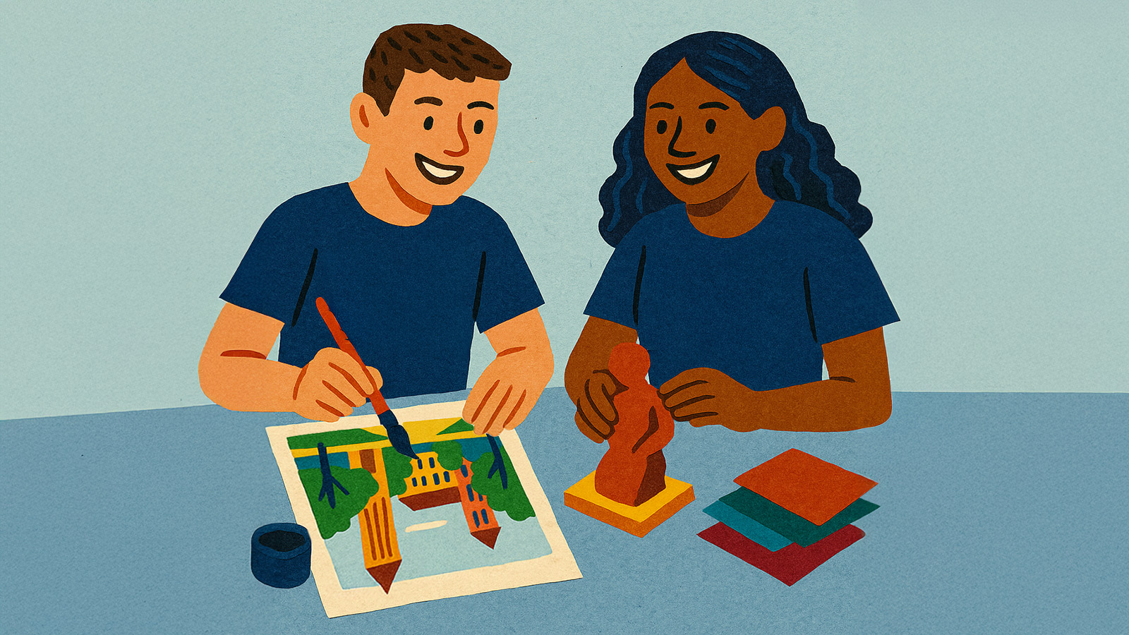 An illustration of a man and woman doing arts and crafts together.