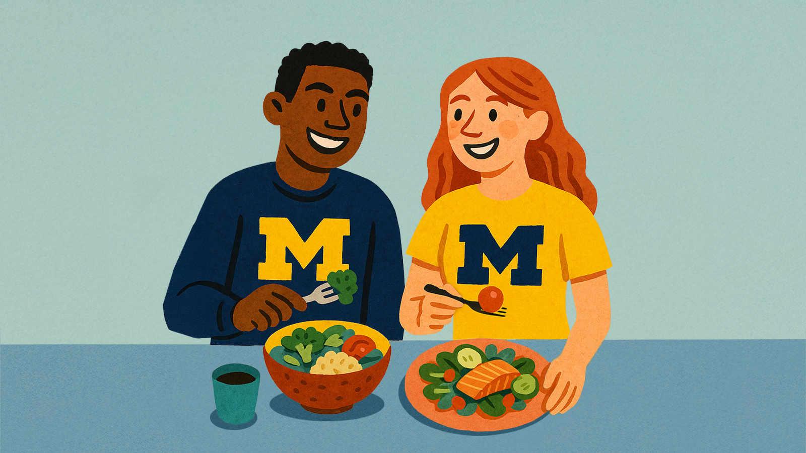 An illustration of a man and woman sharing a meal together. They’re both wearing shirts that have a block M on them.