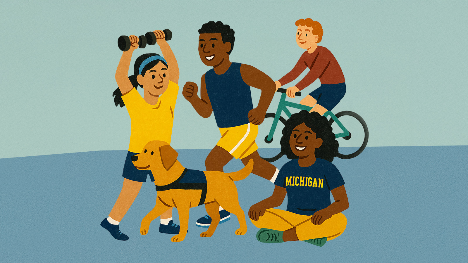 An illustration of a group of people being physically active. There’s a woman using dumbbells, a woman sitting down with her legs crossed, a man running with a dog, and a man on a bike.
