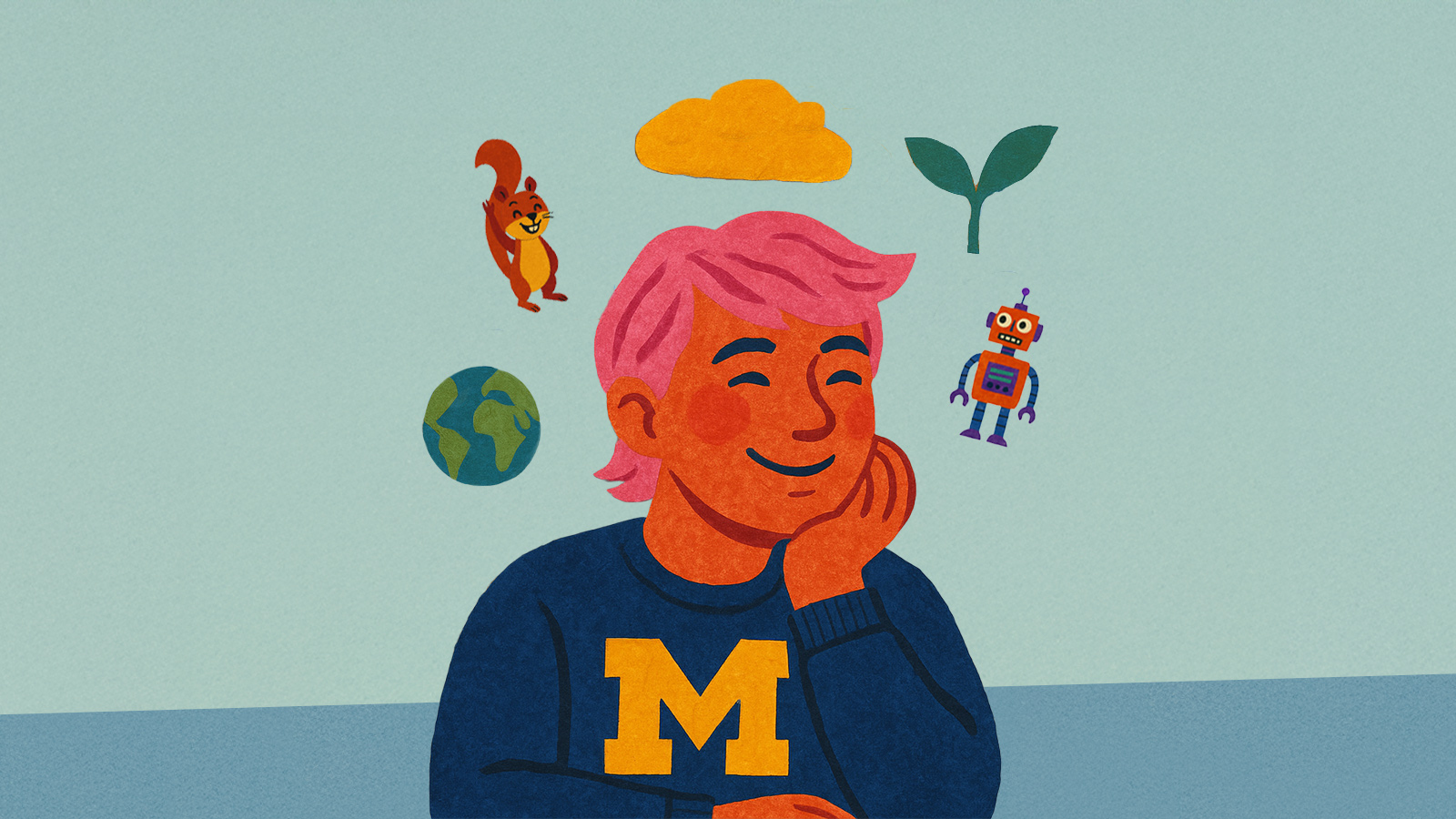 An illustration of a person smiling with their hand on his chin. There are smaller illustrations of a squirrel, robot, plant, cloud, and Earth floating around their head. They are wearing a shirt with a block M on it. 