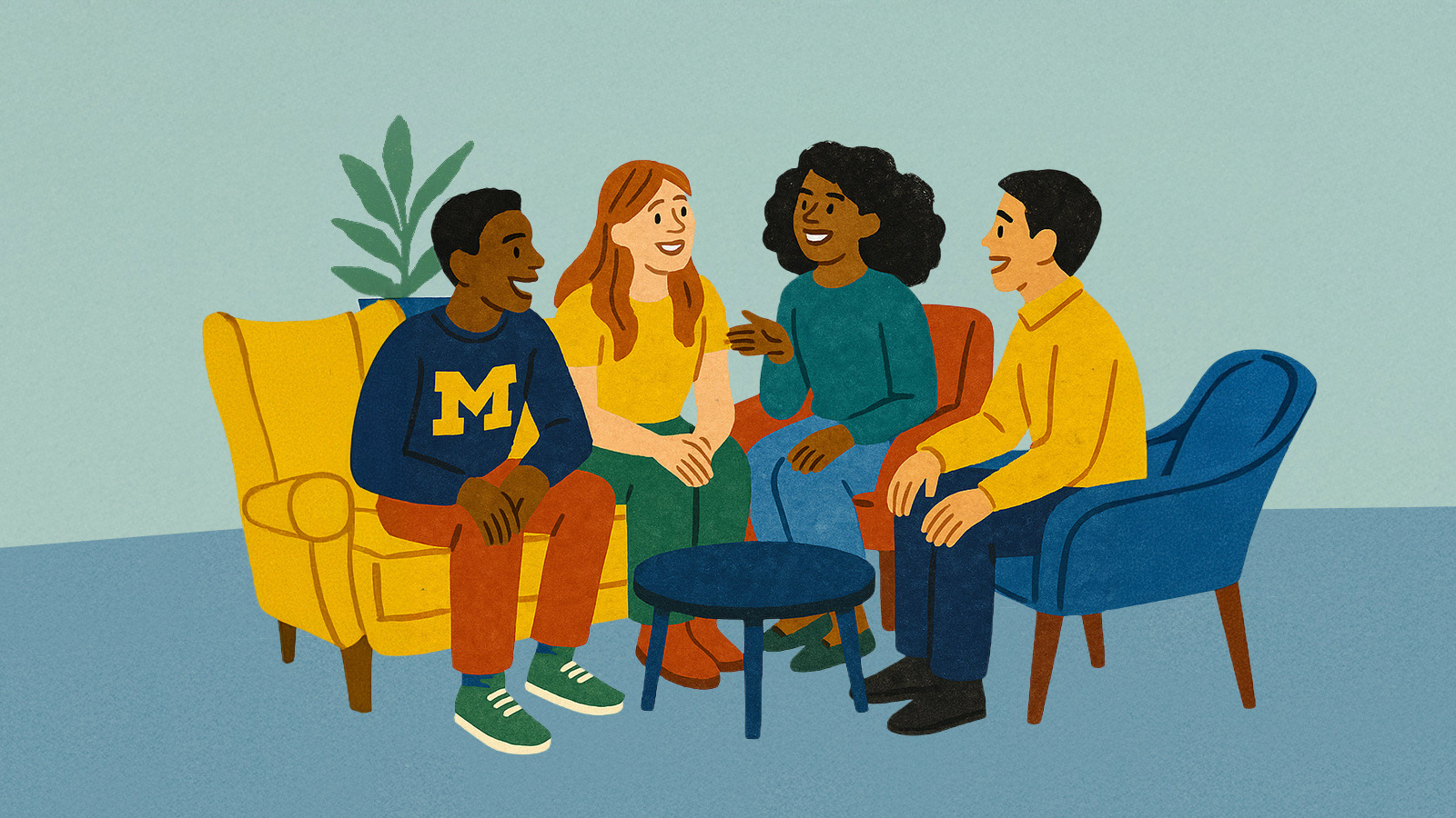  An illustration of a group of people sitting together and socializing. 