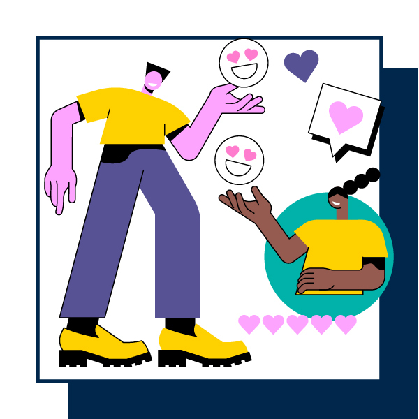 An illustration of two people holding smiley faces and a thought bubble with pink heart inside.