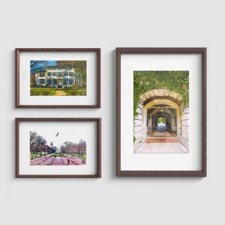 Framed images of The President’s House, Diag, and West Hall Engineering Arch.
