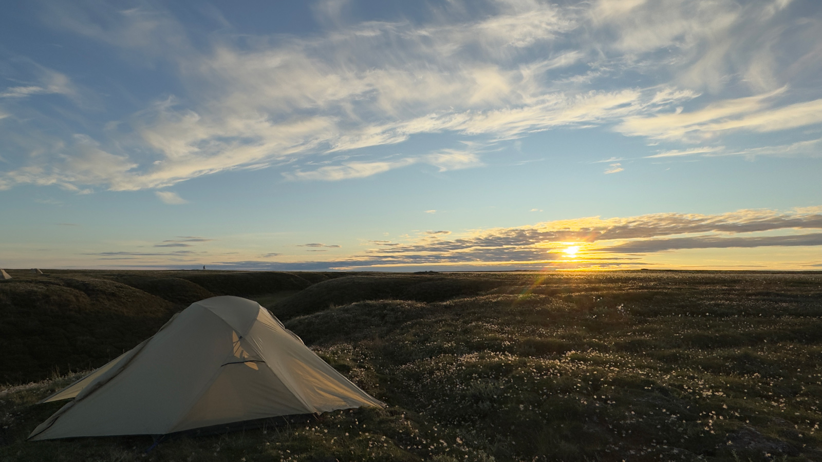 A tent standing outside during sunset.