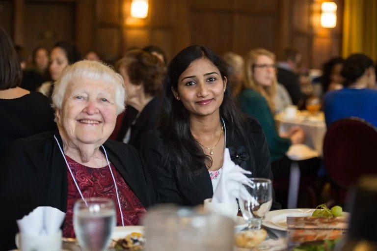 Irma Wyman and Wyman Scholar Snehalatha Kaavuri at a 2015 Scholarship Luncheon.