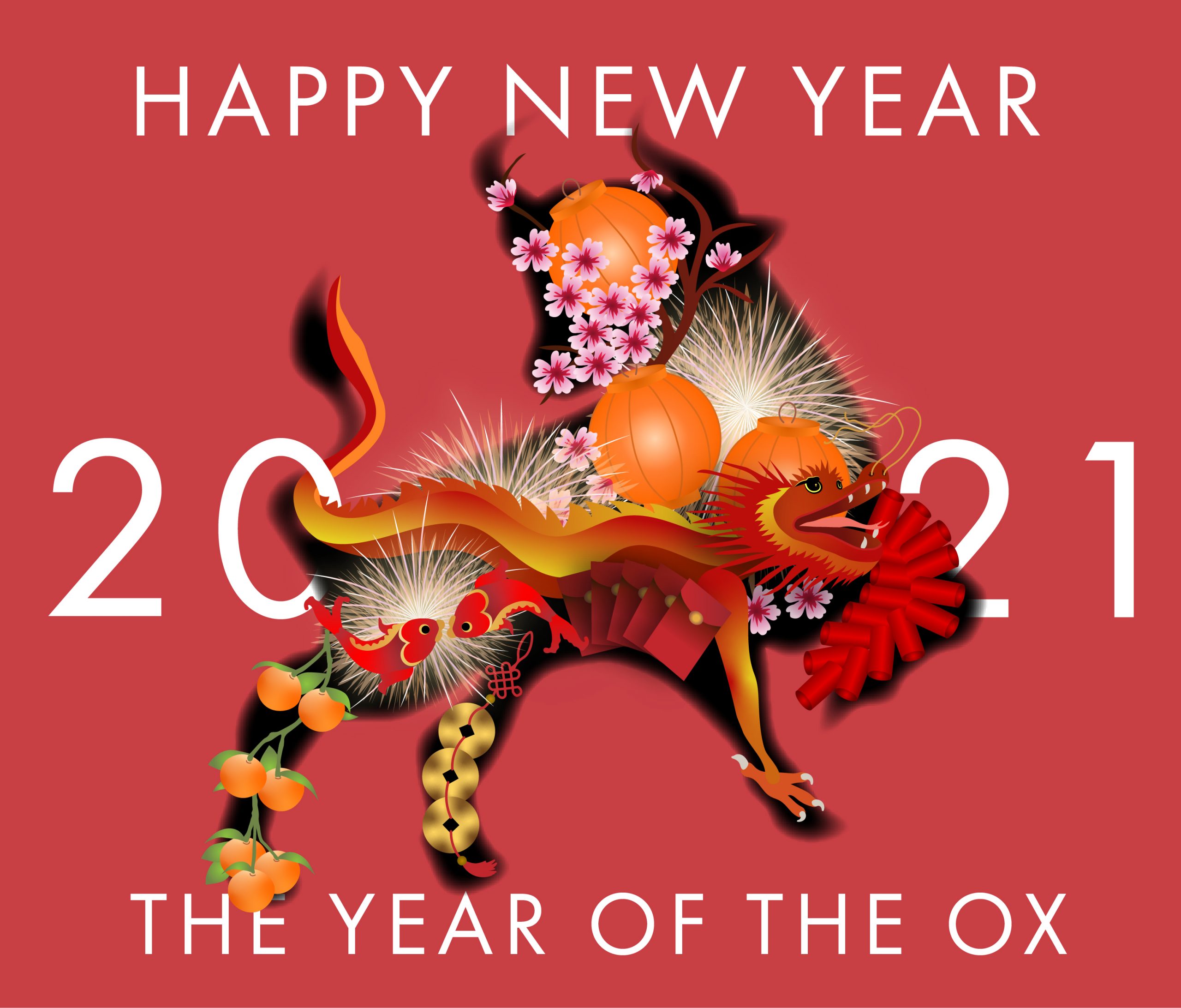 Illustration of a shadow of an ox that is comprised of elements that represent different Chinese New Year Traditions, along with the words "Happy New Year", "The Year of the Ox 2021".