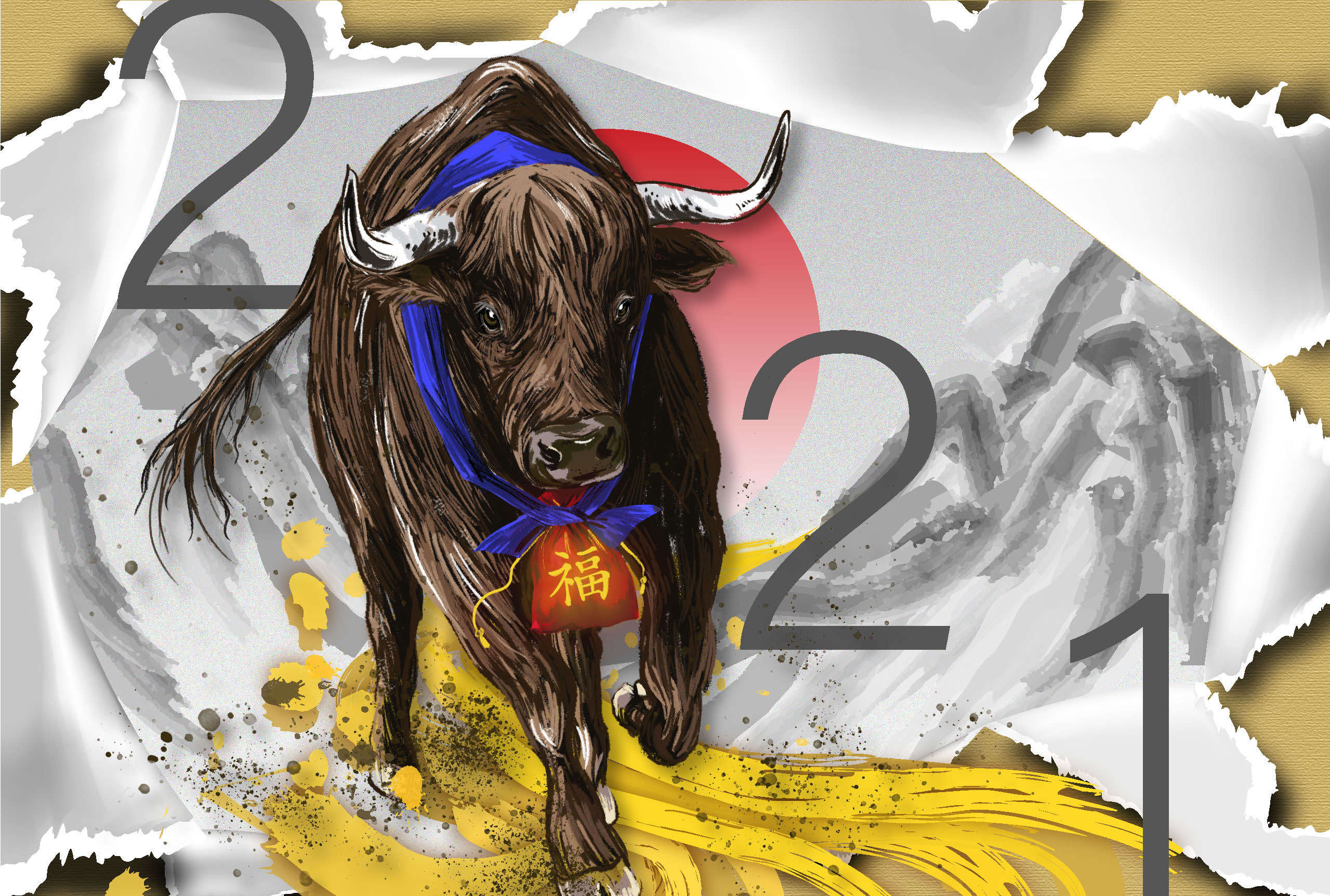 Illustration of a robust ox galloping towards the numbers 2021, turning its path into gold.