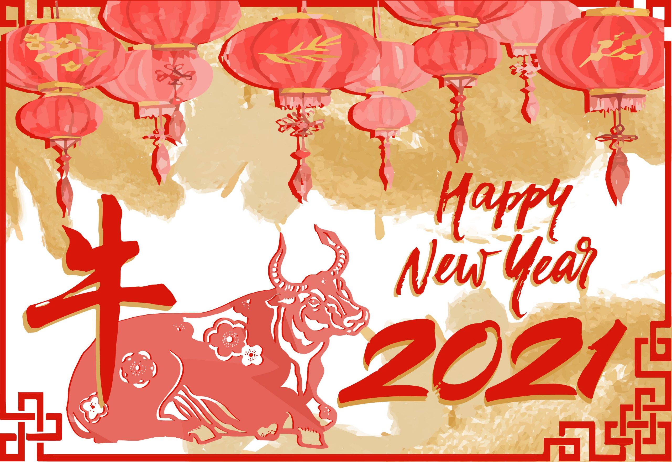 Illustration of an ox, Chinese lanterns, and the words "Happy New Year 2021".