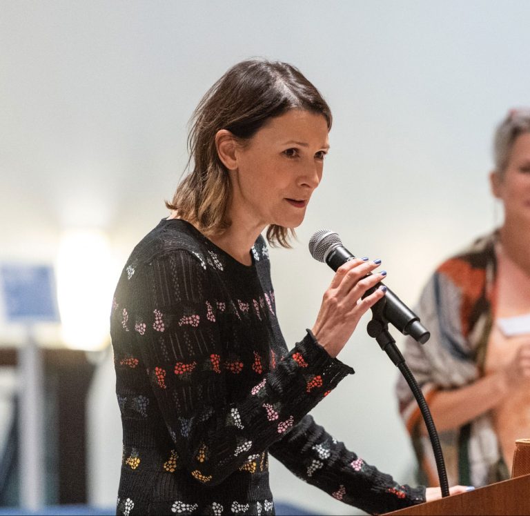 Lizzie Tisch sharing remarks at an UMMA After Hours reception.