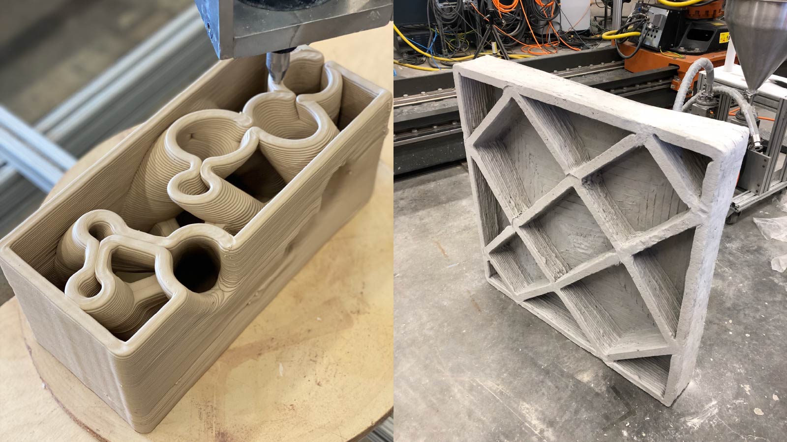 A photo of 3D printed clay that is layered in circular patterns within a rectangular shape is on the left. A photo of 3D printed concrete in the shape of a square with a criss-cross pattern inside of it is on the right.