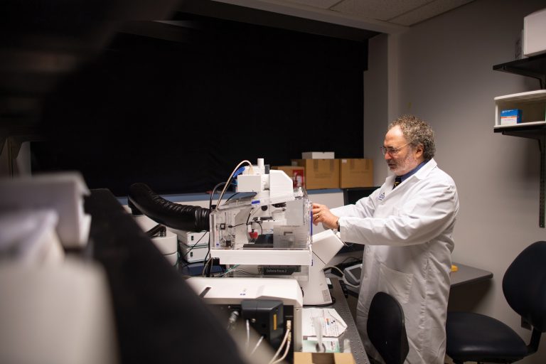 Lowenstein observes the behavior of tumor cells using a confocal microscope.