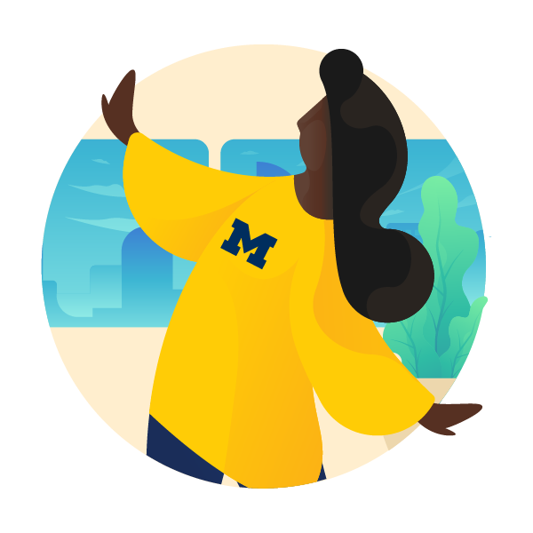 Illustration of a woman doing yoga poses wearing a Michigan shirt.