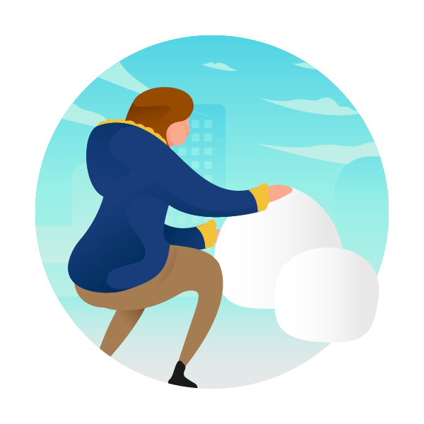 Illustration of a girl wearing a winter jacket, playing in the snow and building a snowman.