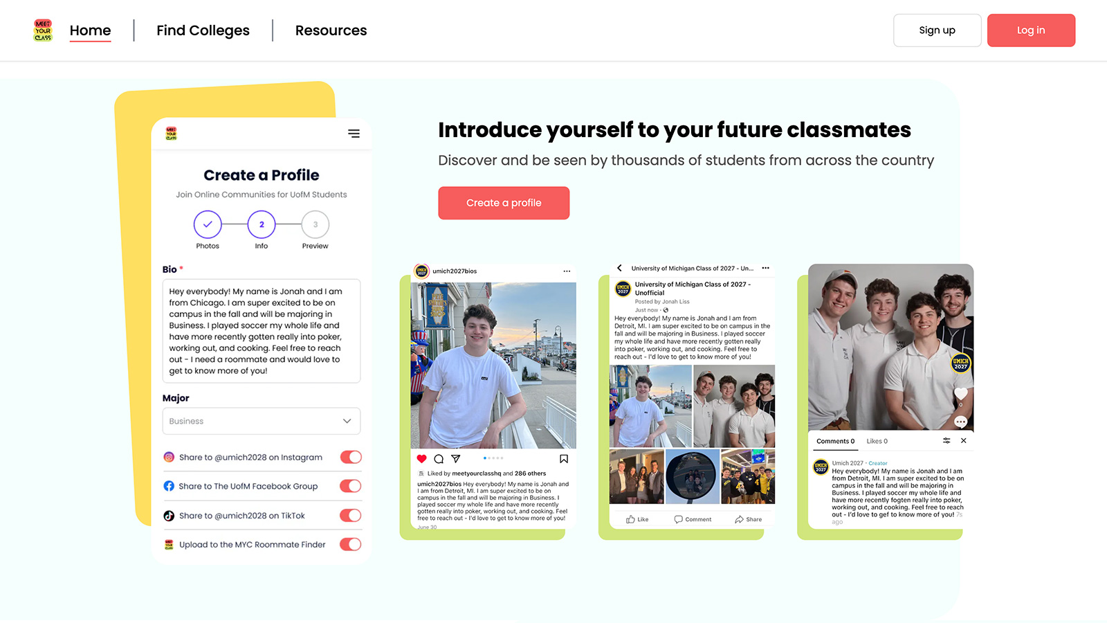 A screen capture of the MeetYourClass homepage. The page includes a navigation bar, log-in options, and examples of the interface and resulting Instagram profiles.