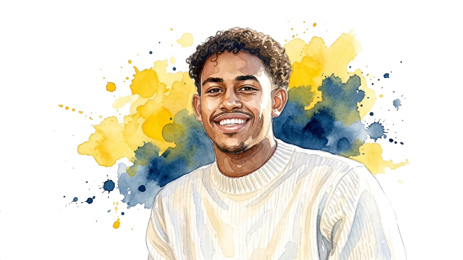 Merwan Nur wears a light ribbed sweater in front of blue and yellow watercolor splashes. 