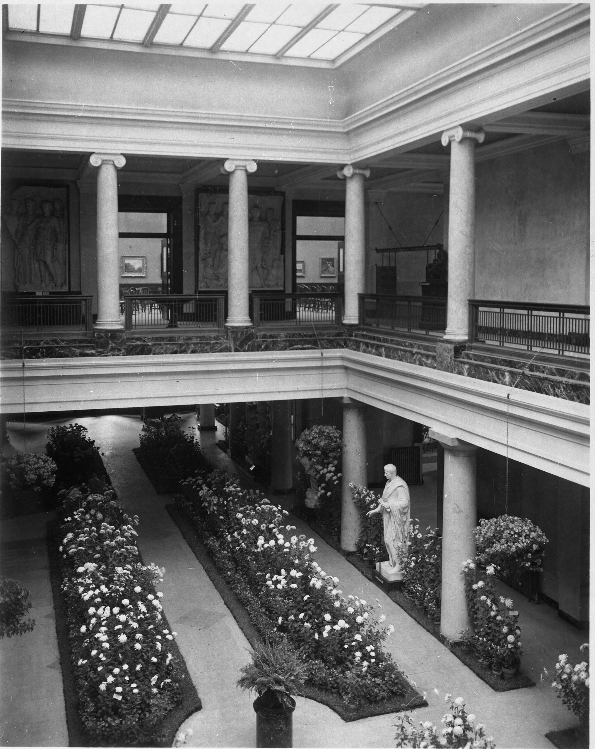 Black and white image of the flowerbeds from overhead.