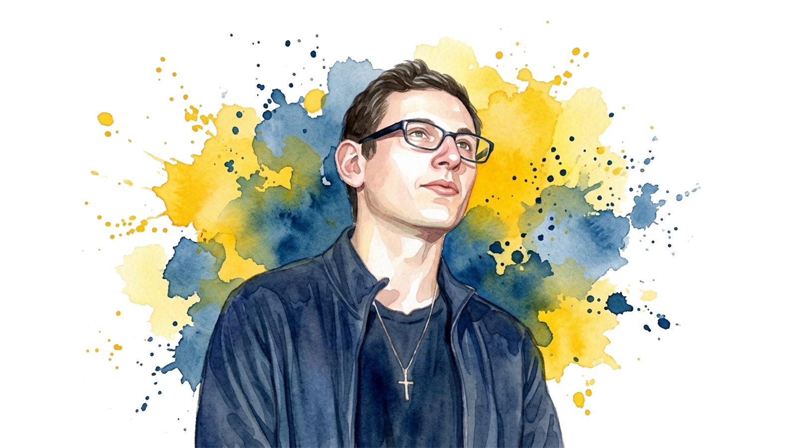 Alex Rabban wears a dark jacket and cross necklace in front of blue and yellow watercolor splashes.
