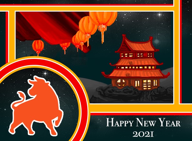 A digital illustration of an ox, Chinese lanterns, and a building with the words "Happy New Year 2021" in the foreground.