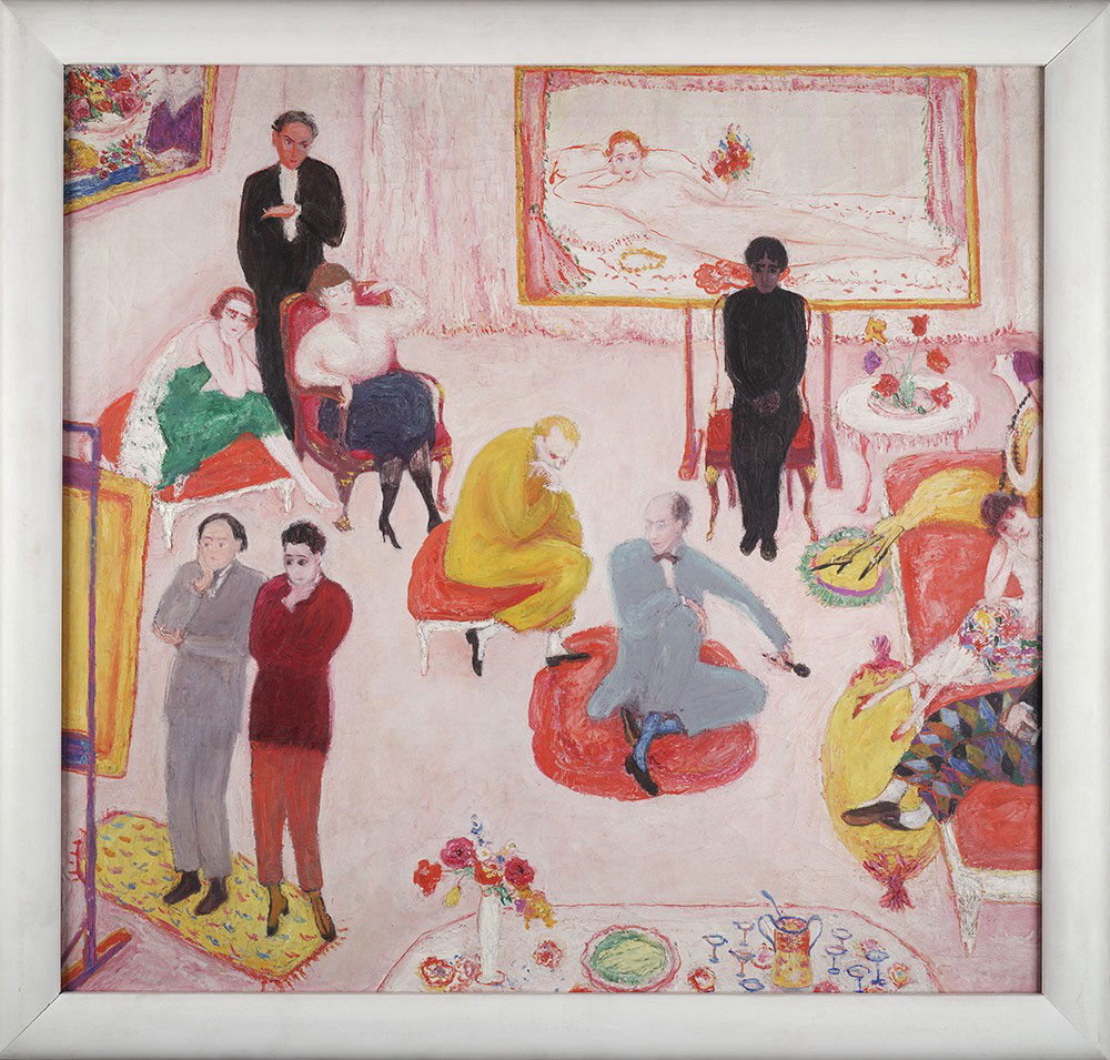 The painting, Studio Party, or Soiree by Florine Stettheimer, shows Hopwood, in yellow, conversing with art critic and collector Leo Stein at a Jazz Age party.