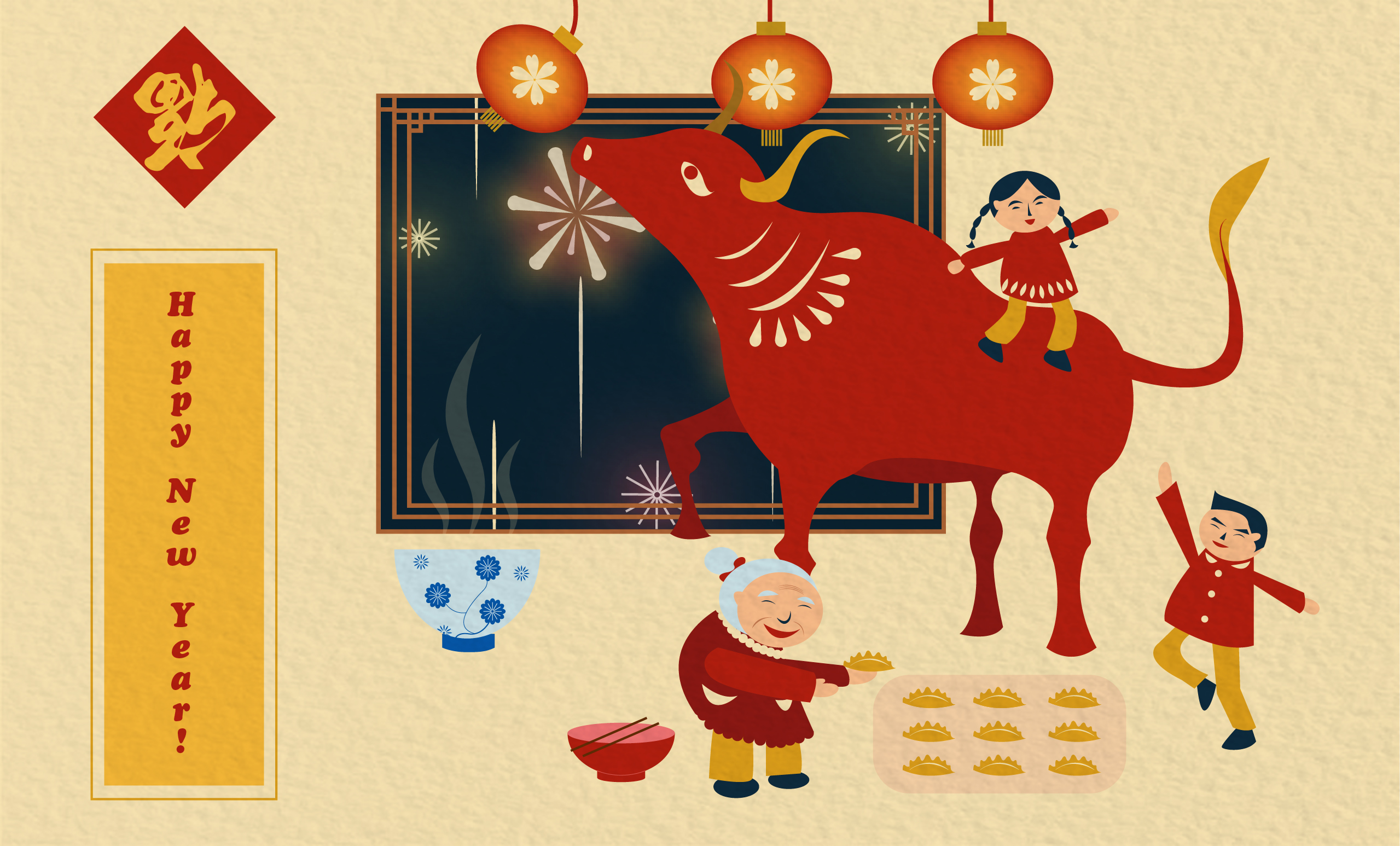 An illustration of an ox and a family with fireworks, dumplings, and lanterns, along with the words "Happy New Year" on the left.