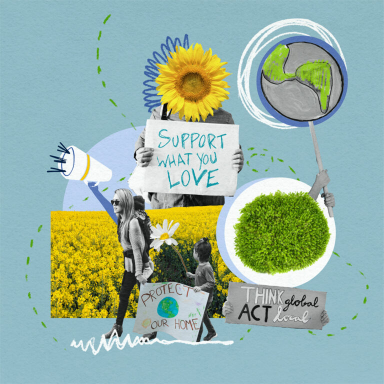 Photo collage depicting connection and action. The collage shows fields of flowers, green foods, and people holding up signs supporting the climate.