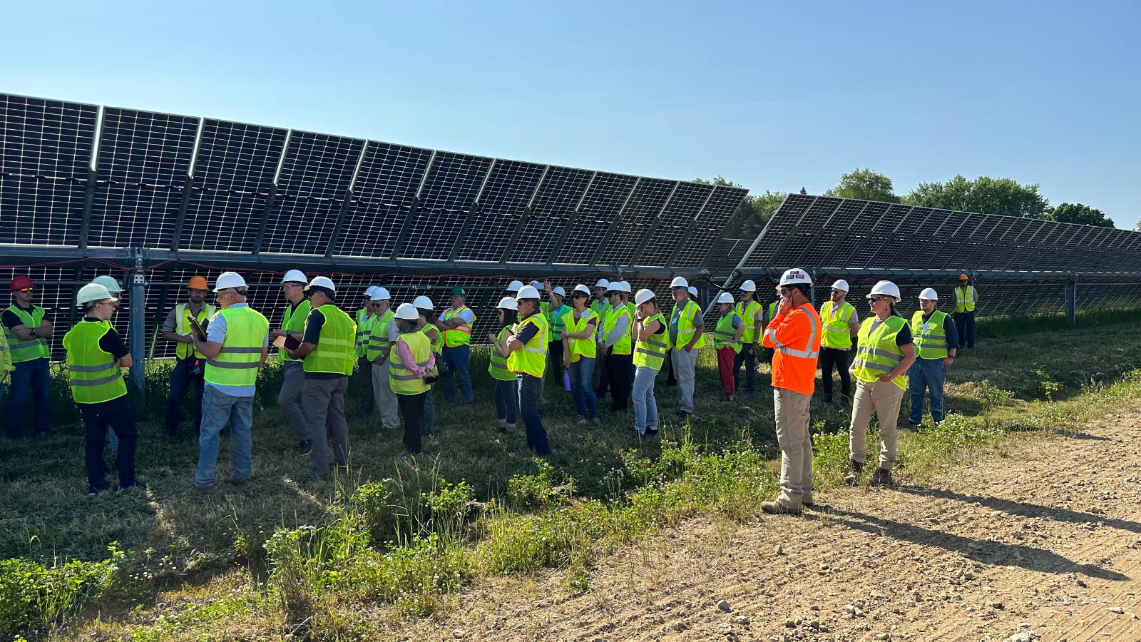  A group of about 30 people stand in a field near a row of solar panels. They are wearing safety vests and hard hats.