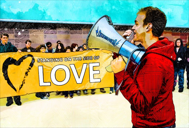 An illustrated photo of Chris Armstrong with a megaphone talking to fellow protesters.