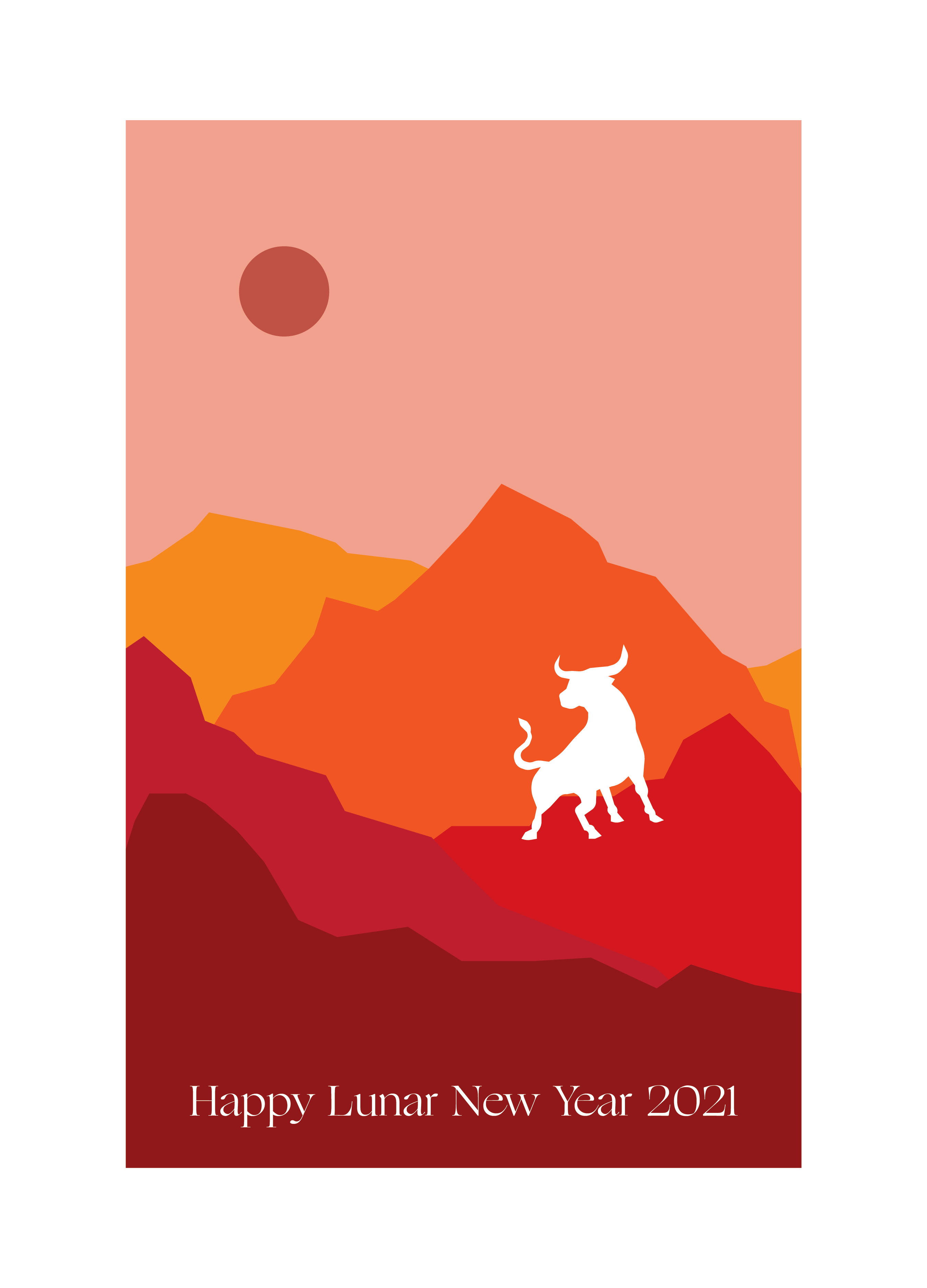 Illustration of a silhouette of an ox standing amongst red, orange, and yellow mountain tops, with the words "Happy Lunar New Year 2021" at the bottom.