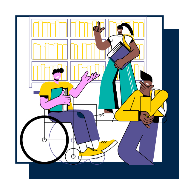 An illustration of three people in a library holding books and conversing.