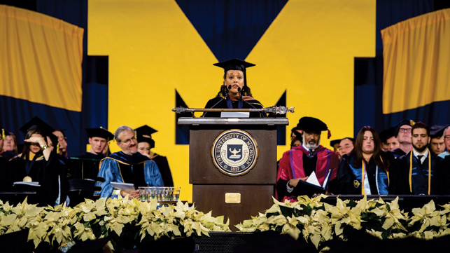 Jesmyn Ward delivering U‑M's Winter Commencement address.