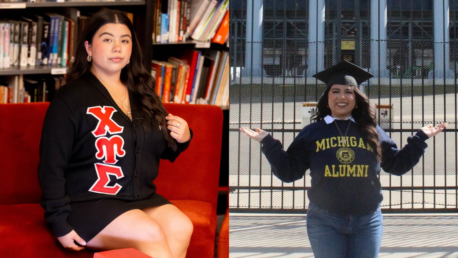 A photo collage of Isabel Lopez showing her sitting on a red couch wearing a sweater with her sorority’s letters and a photo of her wearing a graduate cap and “Michigan Alumni” sweatshirt outside of Michigan Stadium.