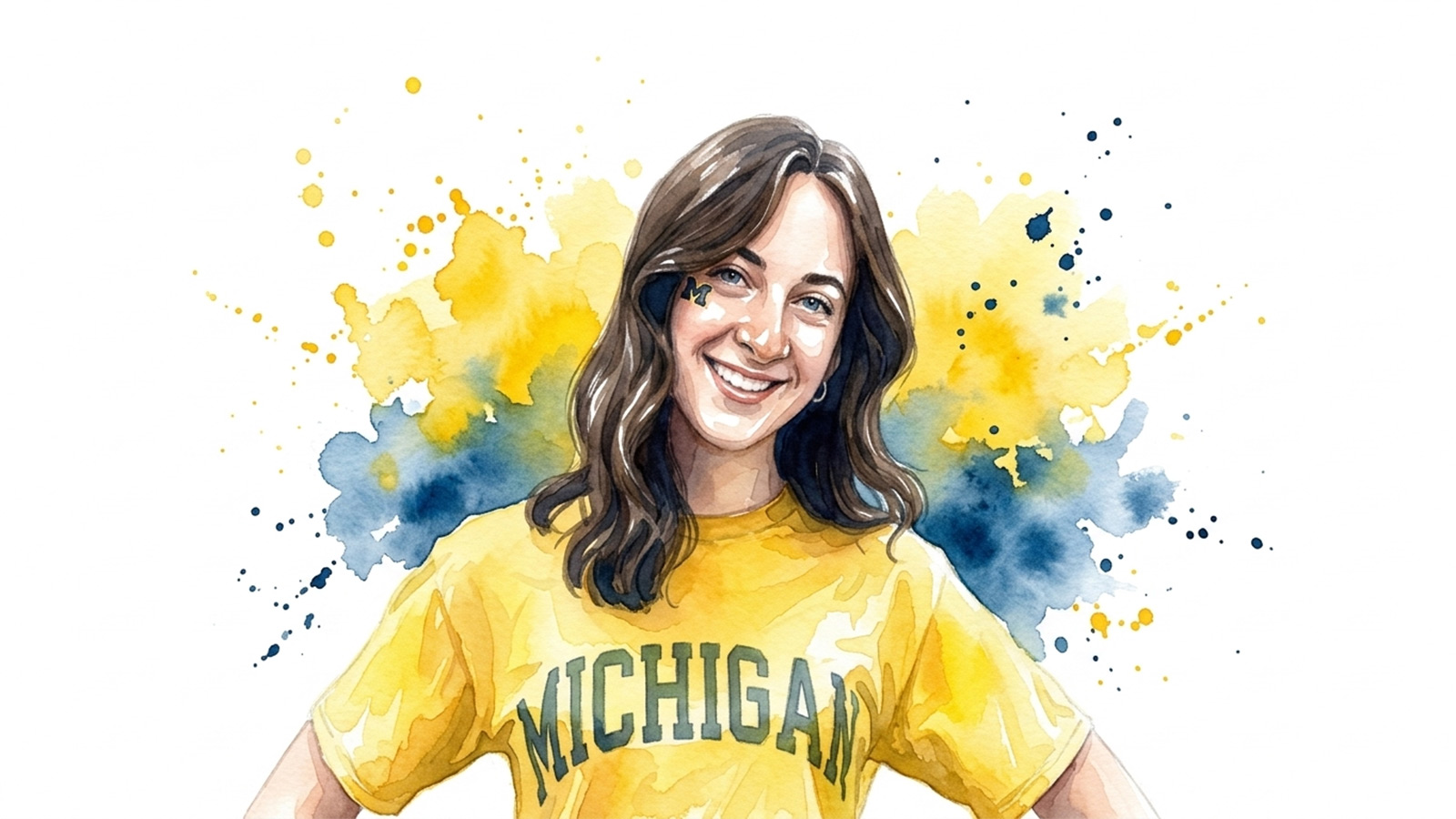 Stacie Young wears a yellow University of Michigan T-shirt in front of blue and yellow watercolor splashes.