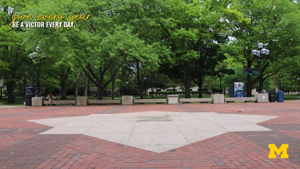 A view of the diag on campus, showing the block M.