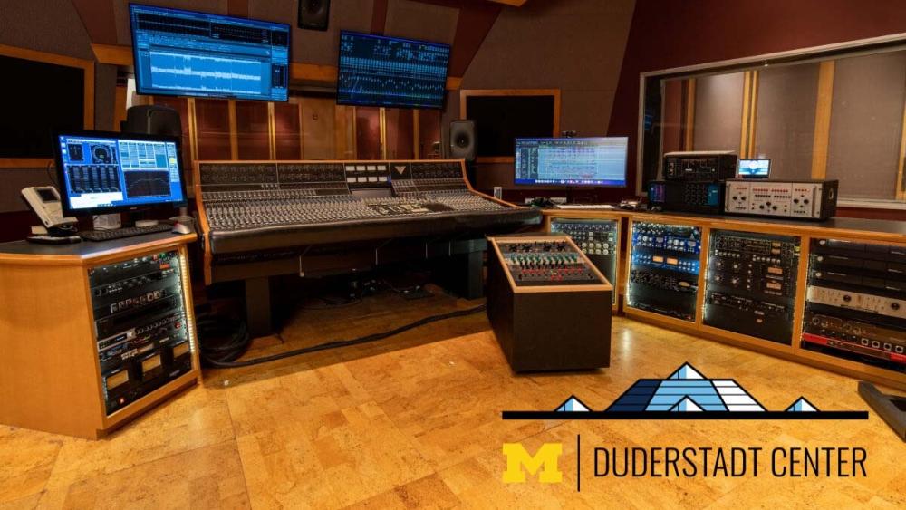 The Duderstadt audio studio with the Duderstadt Center logo in the bottom right corner