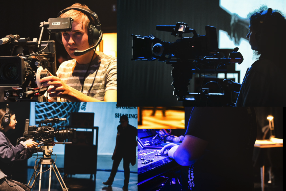 Various students behind cameras in the Duderstadt Center Video Studio