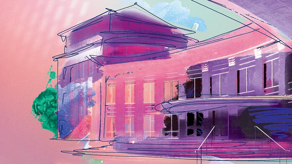 illustration of the School of Public Health building created with a beautiful rainbow color palette