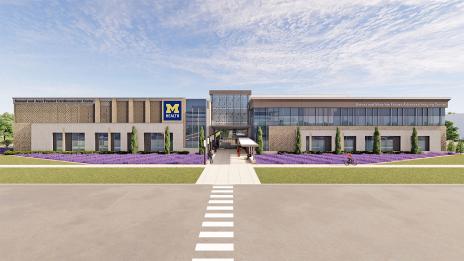 The front view rendering of the Samuel and Jean Frankel Cardiovascular Center and Sidney and Madeline Forbes Advanced Imaging Center features the M Health logo, symmetrical architecture, large windows, and a central walkway surrounded by purple flower beds.