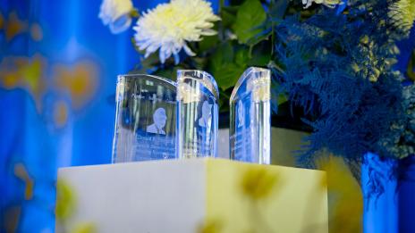 Three engraved crystal award trophies are displayed on a white pedestal, with white flowers and lush greenery nearby, set against a blue background.