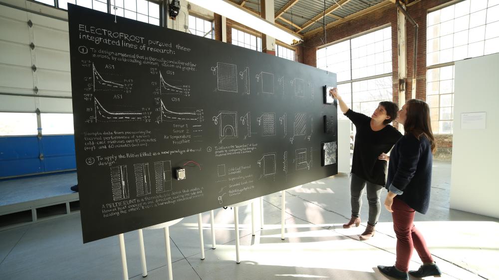 Two students studying blackboard 